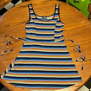 Modcloth Multicolor Striped Skater Dress  attached Waist Ties Sundress Medium